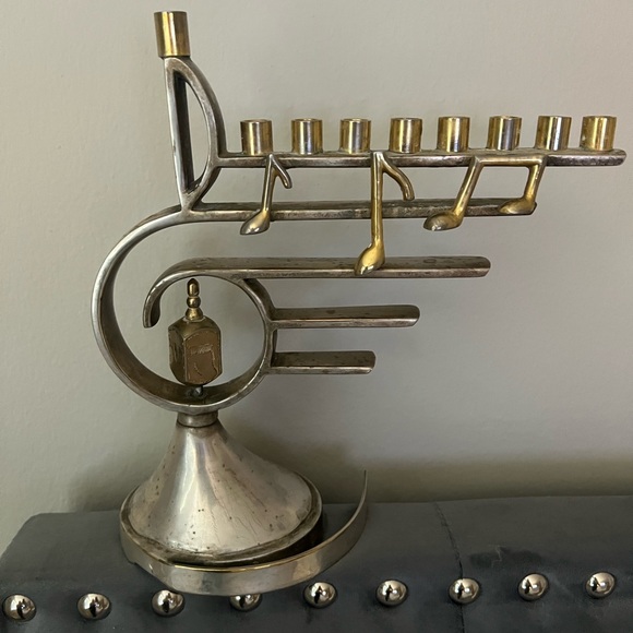 Other - Vintage Brass & Silver Plated Menorah Musical Sankyo Music Box Treble Clef